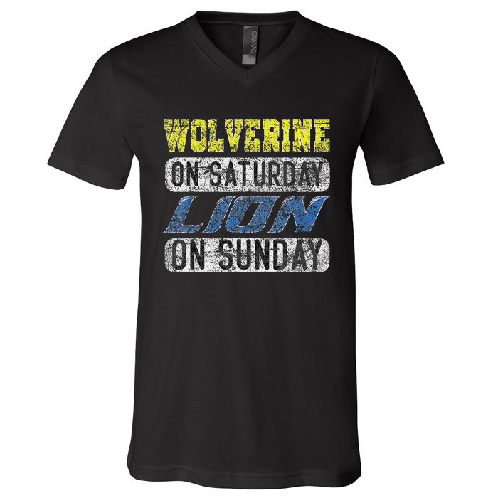 Wolverine On Saturday Lion On Sunday Funny V-Neck T-Shirt