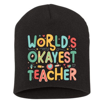 WorldS Okayest Teacher Playful Whimsical Typography Short Acrylic Beanie