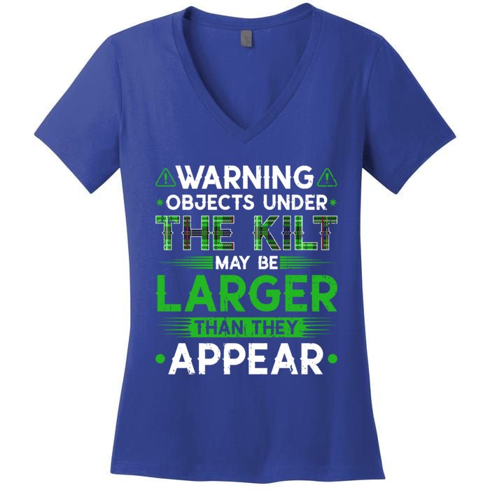 Warning Objects Under Kilt May Be Larger Scottish Irish Gift Women's V-Neck T-Shirt