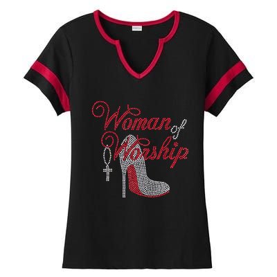 Woman Of Worship Bling Rhinestone Christian Inspirational Ladies Halftime Notch Neck Tee