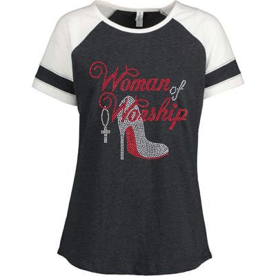 Woman Of Worship Bling Rhinestone Christian Inspirational Enza Ladies Jersey Colorblock Tee