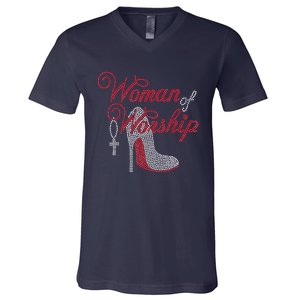 Woman Of Worship Bling Rhinestone Christian Inspirational V-Neck T-Shirt