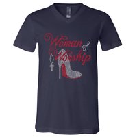 Woman Of Worship Bling Rhinestone Christian Inspirational V-Neck T-Shirt