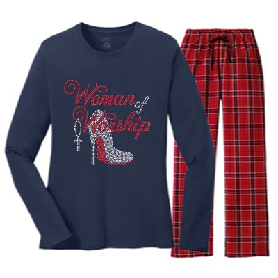 Woman Of Worship Bling Rhinestone Christian Inspirational Women's Long Sleeve Flannel Pajama Set 