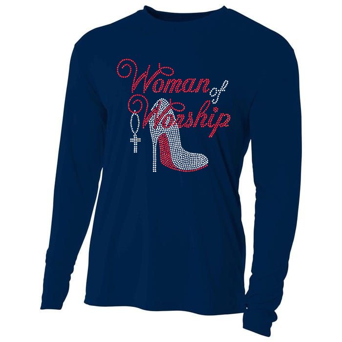 Woman Of Worship Bling Rhinestone Christian Inspirational Cooling Performance Long Sleeve Crew