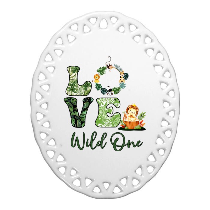 Wild One Wreath 1st Birthday Safari Animal Themed Ceramic Oval Ornament