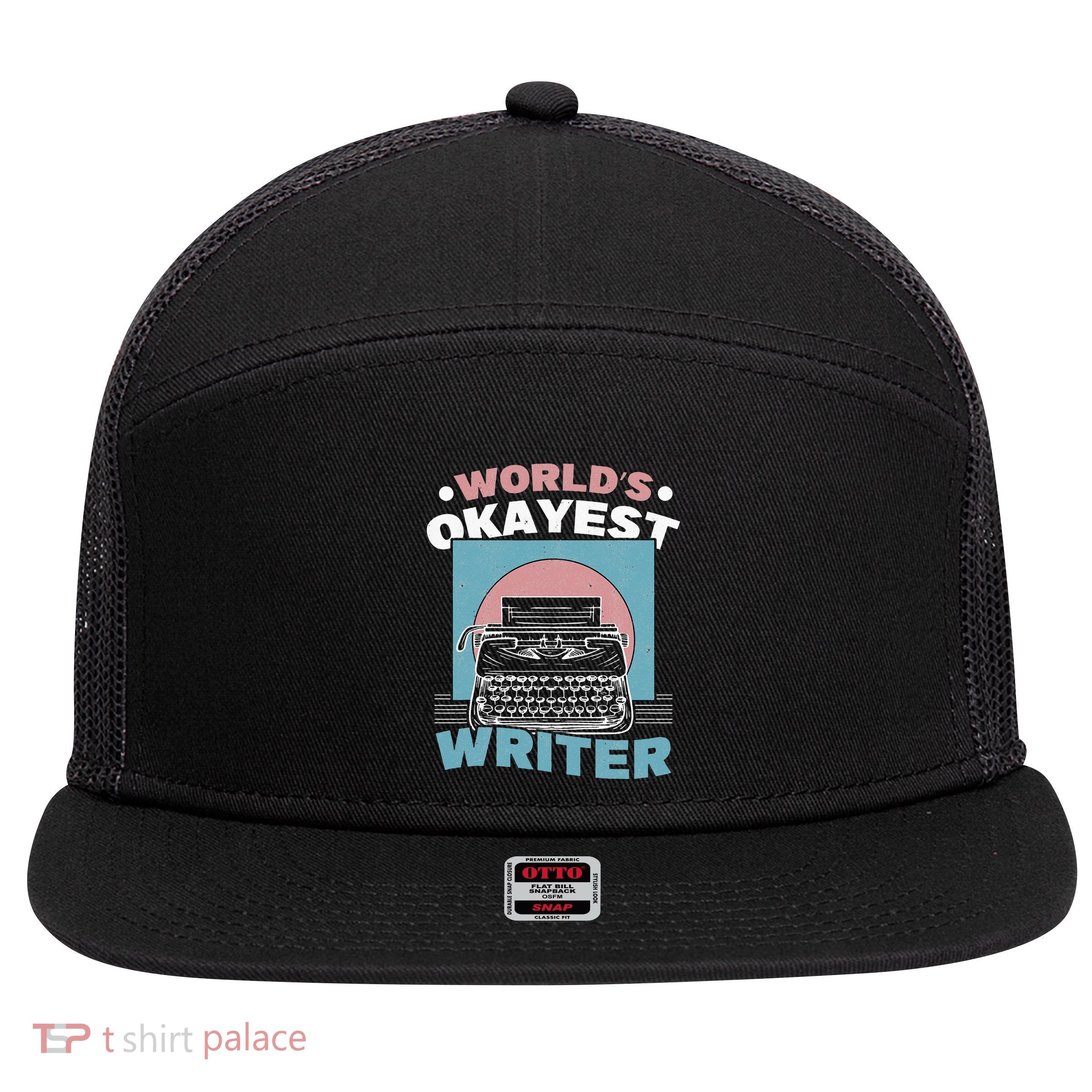 World's Okayest Writer Typewriter Author 7 Panel Mesh Trucker Snapback Hat