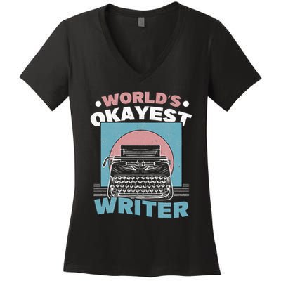 World's Okayest Writer Typewriter Author Women's V-Neck T-Shirt