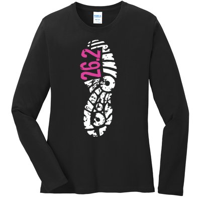 Women Pink 262 Marathon Runner Footprint Ladies Long Sleeve Shirt