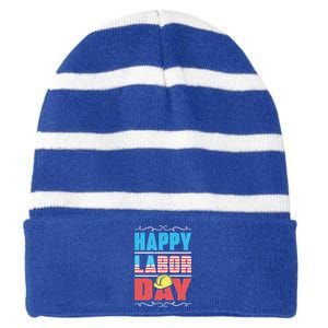 Worker Patriotic American Flag Labor Laborer Happy Labor Day Gift Striped Beanie with Solid Band