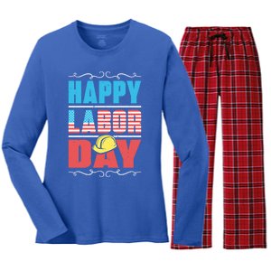 Worker Patriotic American Flag Labor Laborer Happy Labor Day Gift Women's Long Sleeve Flannel Pajama Set 