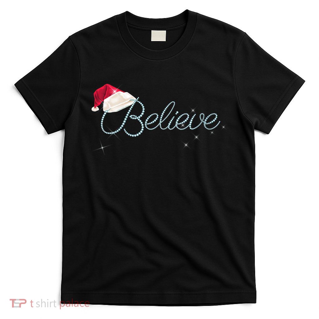 Wo Pretty BELIEVE with Santa Hat Holiday Christmas V-Neck T-Shirt