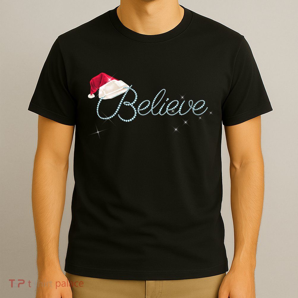 Wo Pretty BELIEVE with Santa Hat Holiday Christmas V-Neck T-Shirt
