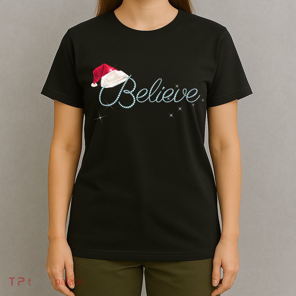 Wo Pretty BELIEVE with Santa Hat Holiday Christmas V-Neck T-Shirt