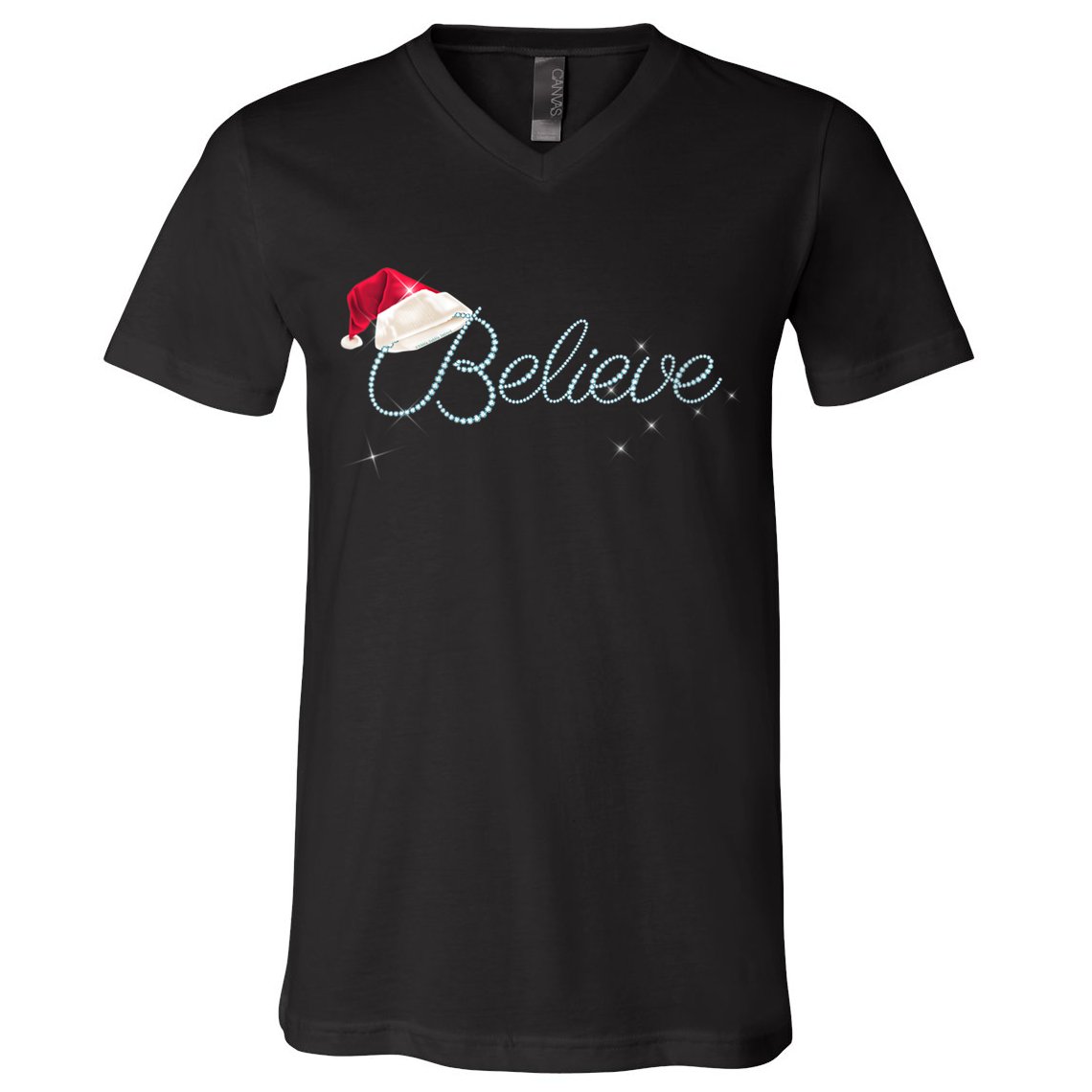 Wo Pretty BELIEVE with Santa Hat Holiday Christmas V-Neck V-Neck T-Shirt