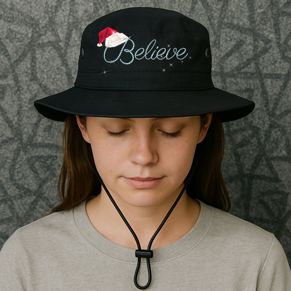 Wo Pretty BELIEVE with Santa Hat Holiday Christmas V-Neck Bucket Hat