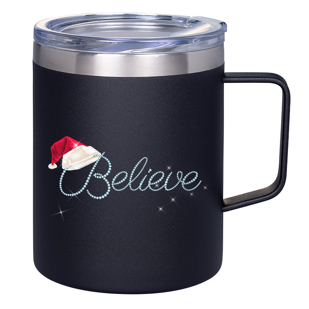 Wo Pretty BELIEVE with Santa Hat Holiday Christmas V-Neck 12oz Stainless Steel Coffee Mug