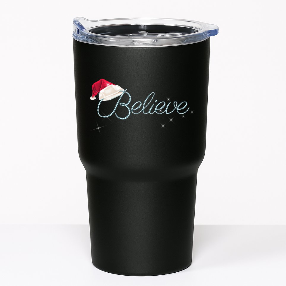 Wo Pretty BELIEVE with Santa Hat Holiday Christmas V-Neck Tumbler