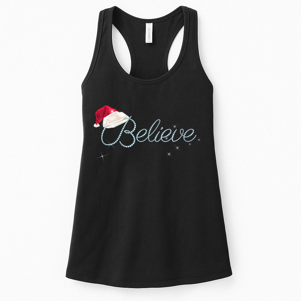 Wo Pretty BELIEVE with Santa Hat Holiday Christmas V-Neck Womens Tank Top