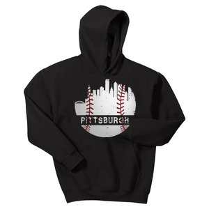 Womens Pittsburgh Baseball Cityscape Distressed Novelty Pirate Gift Kids Hoodie