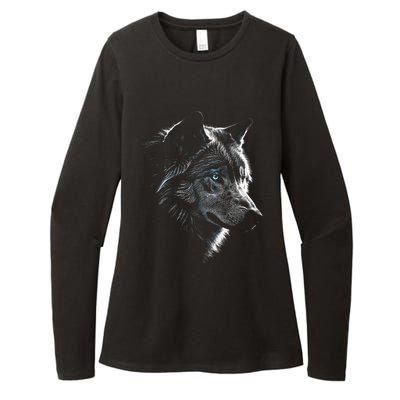 Wolf Portrait Blue Eyes Artwork Animal Motif Wolf Womens CVC Long Sleeve Shirt