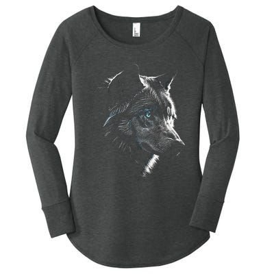 Wolf Portrait Blue Eyes Artwork Animal Motif Wolf Women's Perfect Tri Tunic Long Sleeve Shirt