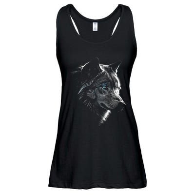 Wolf Portrait Blue Eyes Artwork Animal Motif Wolf Ladies Essential Flowy Tank