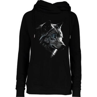 Wolf Portrait Blue Eyes Artwork Animal Motif Wolf Womens Funnel Neck Pullover Hood