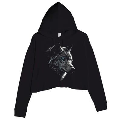 Wolf Portrait Blue Eyes Artwork Animal Motif Wolf Crop Fleece Hoodie