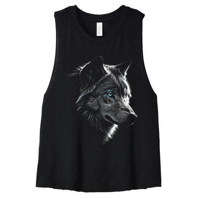 Wolf Portrait Blue Eyes Artwork Animal Motif Wolf Women's Racerback Cropped Tank