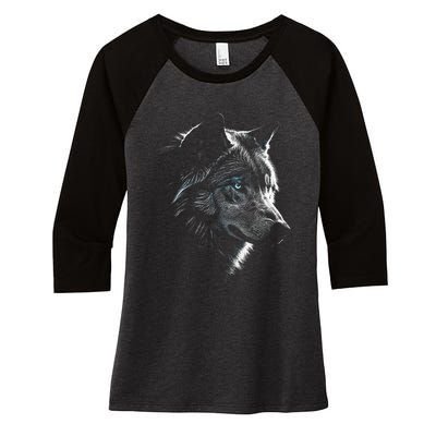 Wolf Portrait Blue Eyes Artwork Animal Motif Wolf Women's Tri-Blend 3/4-Sleeve Raglan Shirt