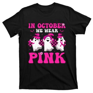 Wear Pink Breast Cancer Warrior Ghost Halloween Groovy T-Shirt