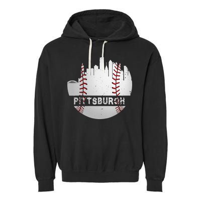 Womens Pittsburgh Baseball Cityscape Distressed Novelty Pirate Gift Garment-Dyed Fleece Hoodie