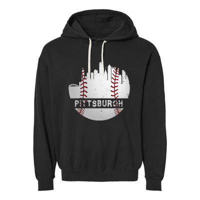 Womens Pittsburgh Baseball Cityscape Distressed Novelty Pirate Gift Garment-Dyed Fleece Hoodie