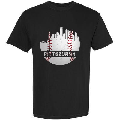 Womens Pittsburgh Baseball Cityscape Distressed Novelty Pirate Gift Garment-Dyed Heavyweight T-Shirt