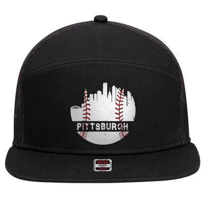 Womens Pittsburgh Baseball Cityscape Distressed Novelty Pirate Gift 7 Panel Mesh Trucker Snapback Hat