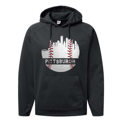 Womens Pittsburgh Baseball Cityscape Distressed Novelty Pirate Gift Performance Fleece Hoodie