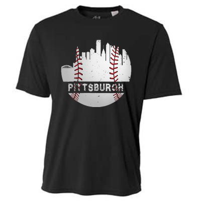 Womens Pittsburgh Baseball Cityscape Distressed Novelty Pirate Gift Cooling Performance Crew T-Shirt