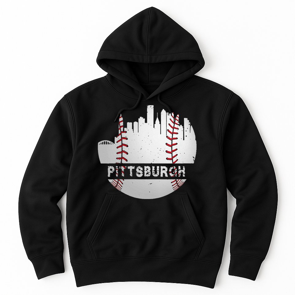 Womens Pittsburgh Baseball Cityscape Distressed Novelty Pirate Gift Hoodie