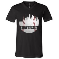 Womens Pittsburgh Baseball Cityscape Distressed Novelty Pirate Gift V-Neck T-Shirt