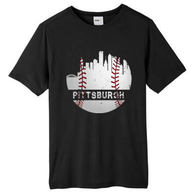 Womens Pittsburgh Baseball Cityscape Distressed Novelty Pirate Gift Tall Fusion ChromaSoft Performance T-Shirt