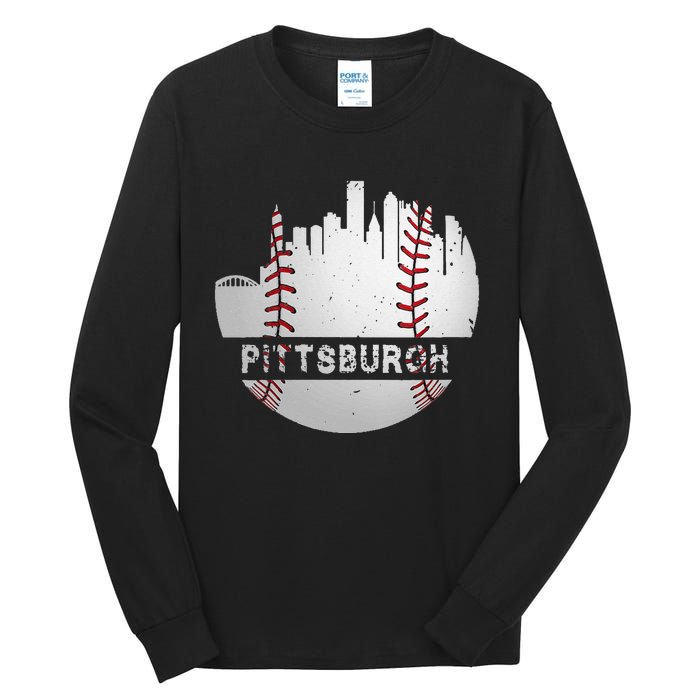 Womens Pittsburgh Baseball Cityscape Distressed Novelty Pirate Gift Tall Long Sleeve T-Shirt