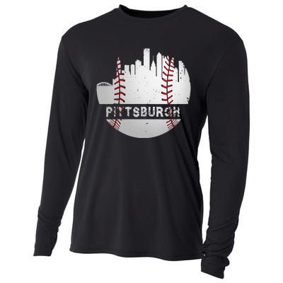 Womens Pittsburgh Baseball Cityscape Distressed Novelty Pirate Gift Cooling Performance Long Sleeve Crew