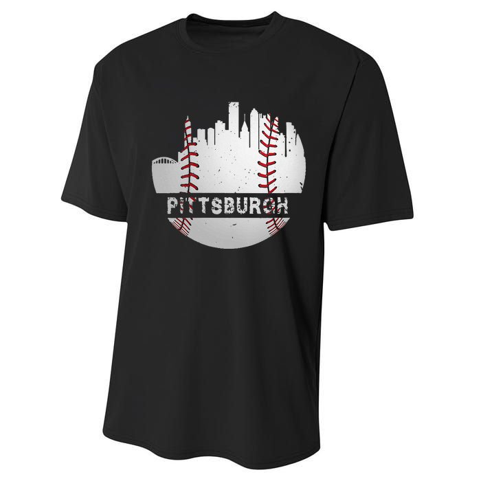 Womens Pittsburgh Baseball Cityscape Distressed Novelty Pirate Gift Performance Sprint T-Shirt