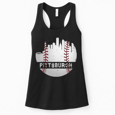 Womens Pittsburgh Baseball Cityscape Distressed Novelty Pirate Gift Womens Tank Top