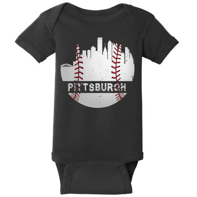 Womens Pittsburgh Baseball Cityscape Distressed Novelty Pirate Gift Baby Bodysuit