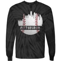 Womens Pittsburgh Baseball Cityscape Distressed Novelty Pirate Gift Tie-Dye Long Sleeve Shirt