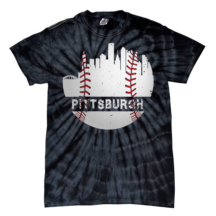 Womens Pittsburgh Baseball Cityscape Distressed Novelty Pirate Gift Tie-Dye T-Shirt