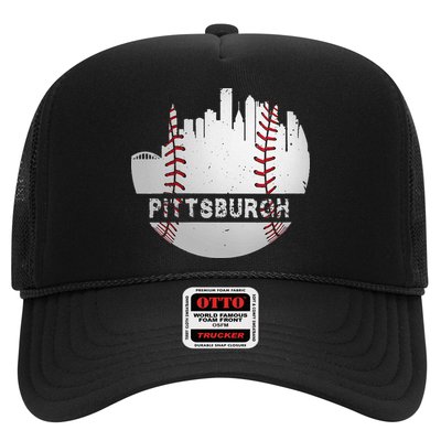 Womens Pittsburgh Baseball Cityscape Distressed Novelty Pirate Gift Trucker Hat