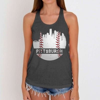 Womens Pittsburgh Baseball Cityscape Distressed Novelty Pirate Gift Women's Knotted Racerback Tank